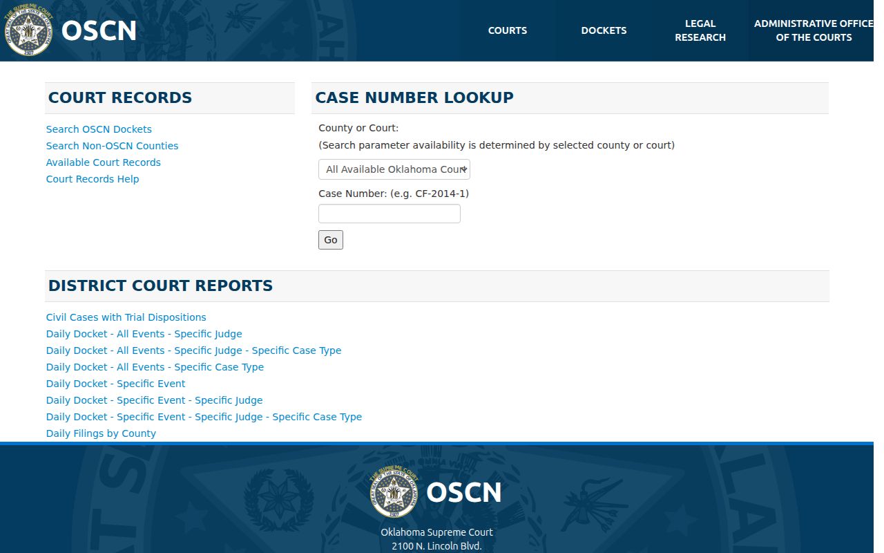 Oklahoma County court selector for warrant records research