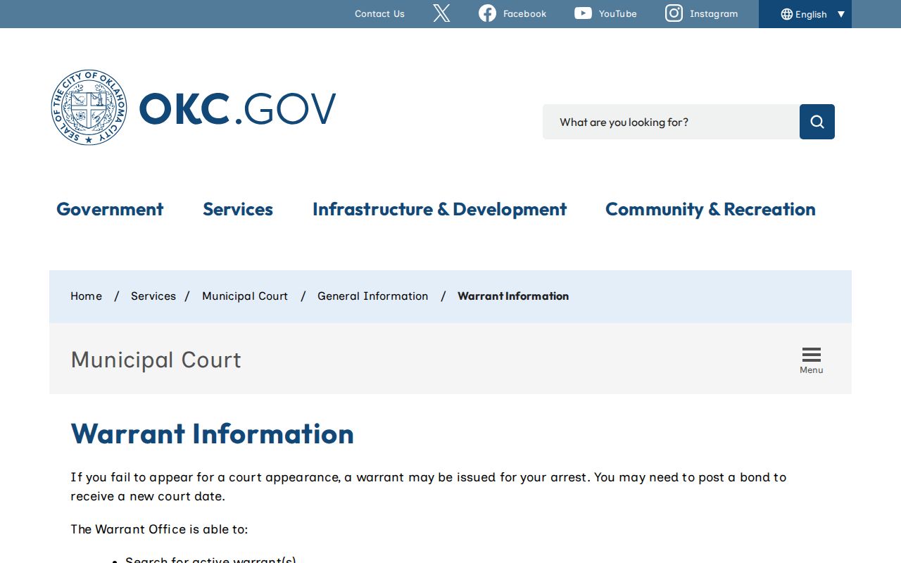 Oklahoma City Warrant Office information for city warrant records