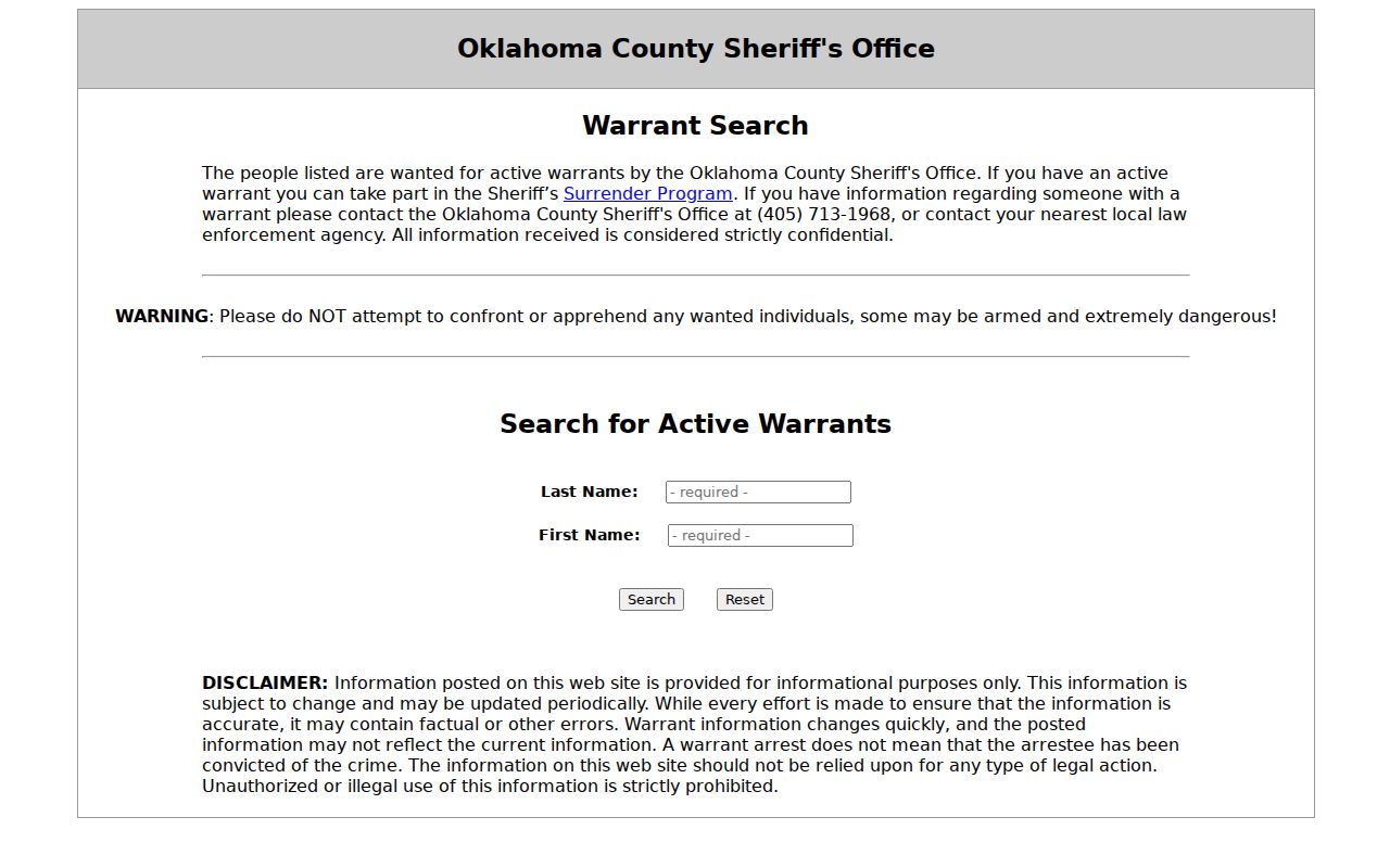 Oklahoma County sheriff warrant search form for warrant records