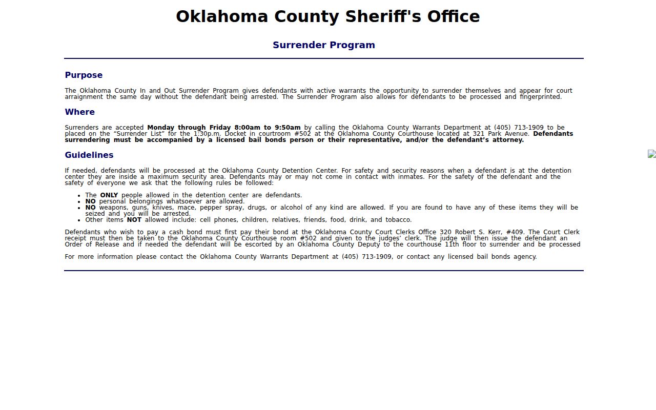 Oklahoma County surrender program hours for warrant records resolution